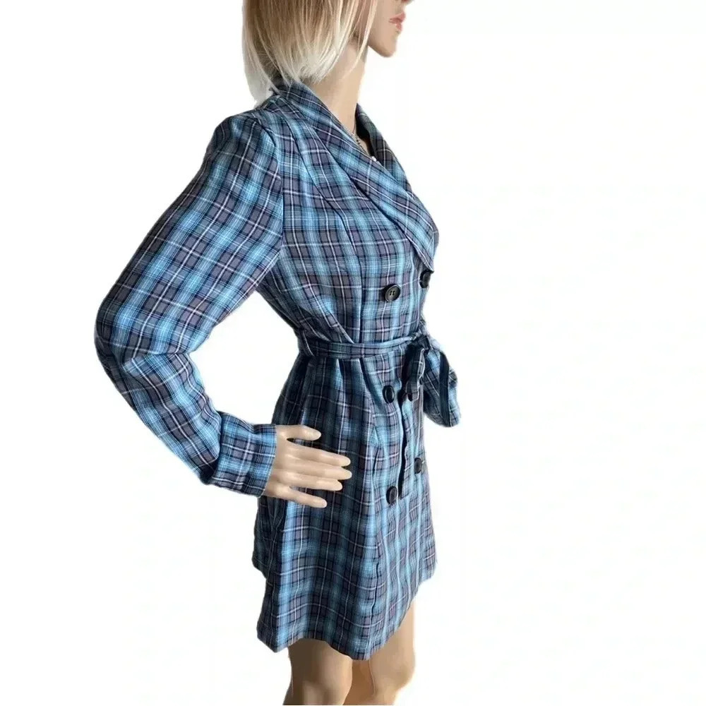 NLW Dress Womens Small Blue Checkered Navy Dress Waist Belt Long Sleeve - Picture 5 of 10